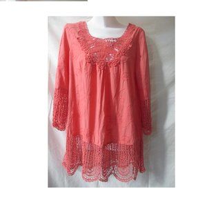 Tunic Top Blouse Size L LARGE XCVI Coral Gauzy Cotton Crochet Hem Embroidered